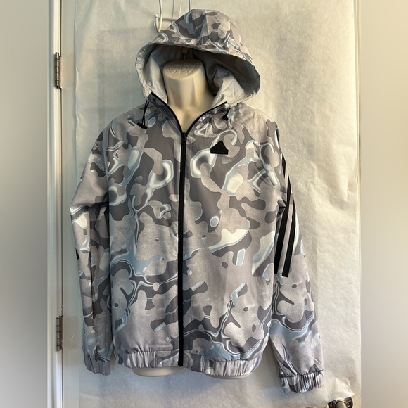 Adidas mens track white & grey all over print lightweight hoodie Sz-XS. Z9 - Picture 3 of 10